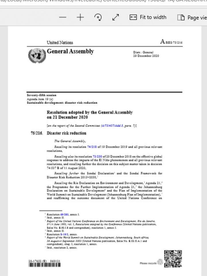 Disaster Risk Reduction: resolution / adopted by the General Assembly